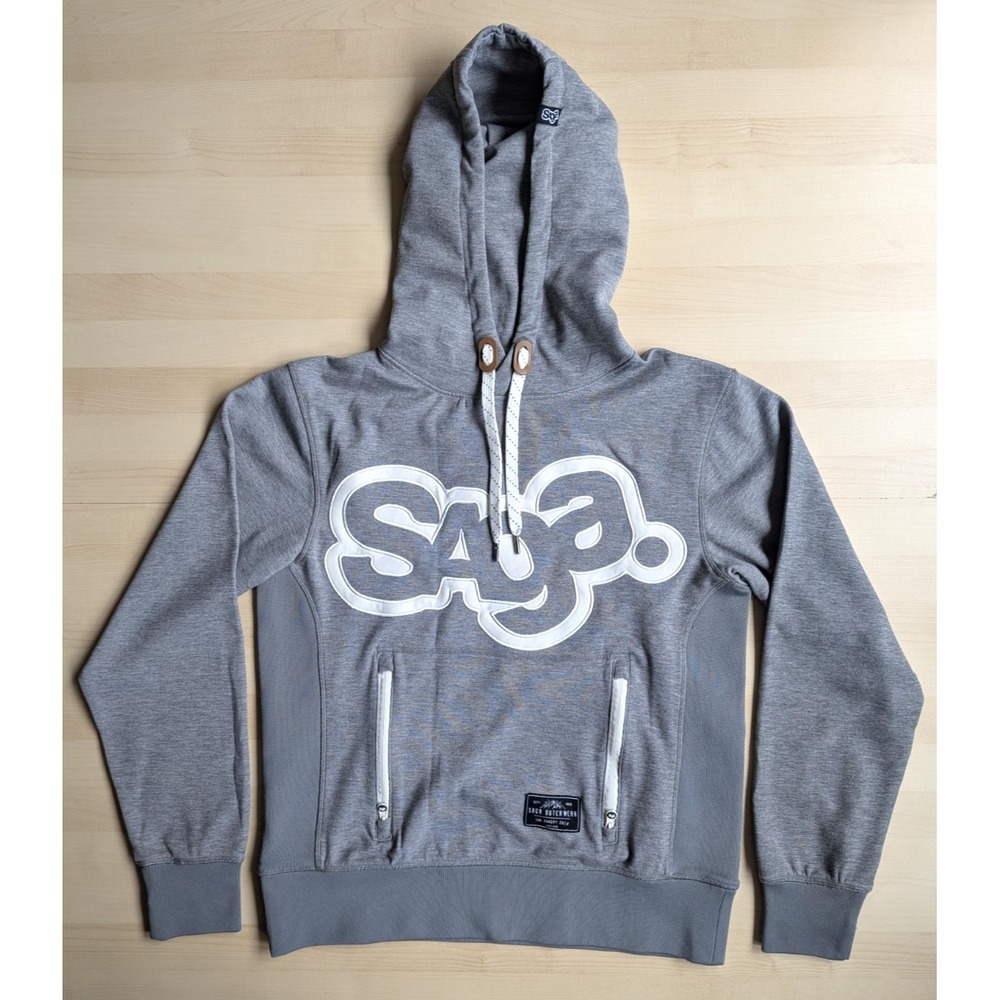 SAGA OG Logo Pullover Hoodie Grey White Foodie Cuffins Oversized Small